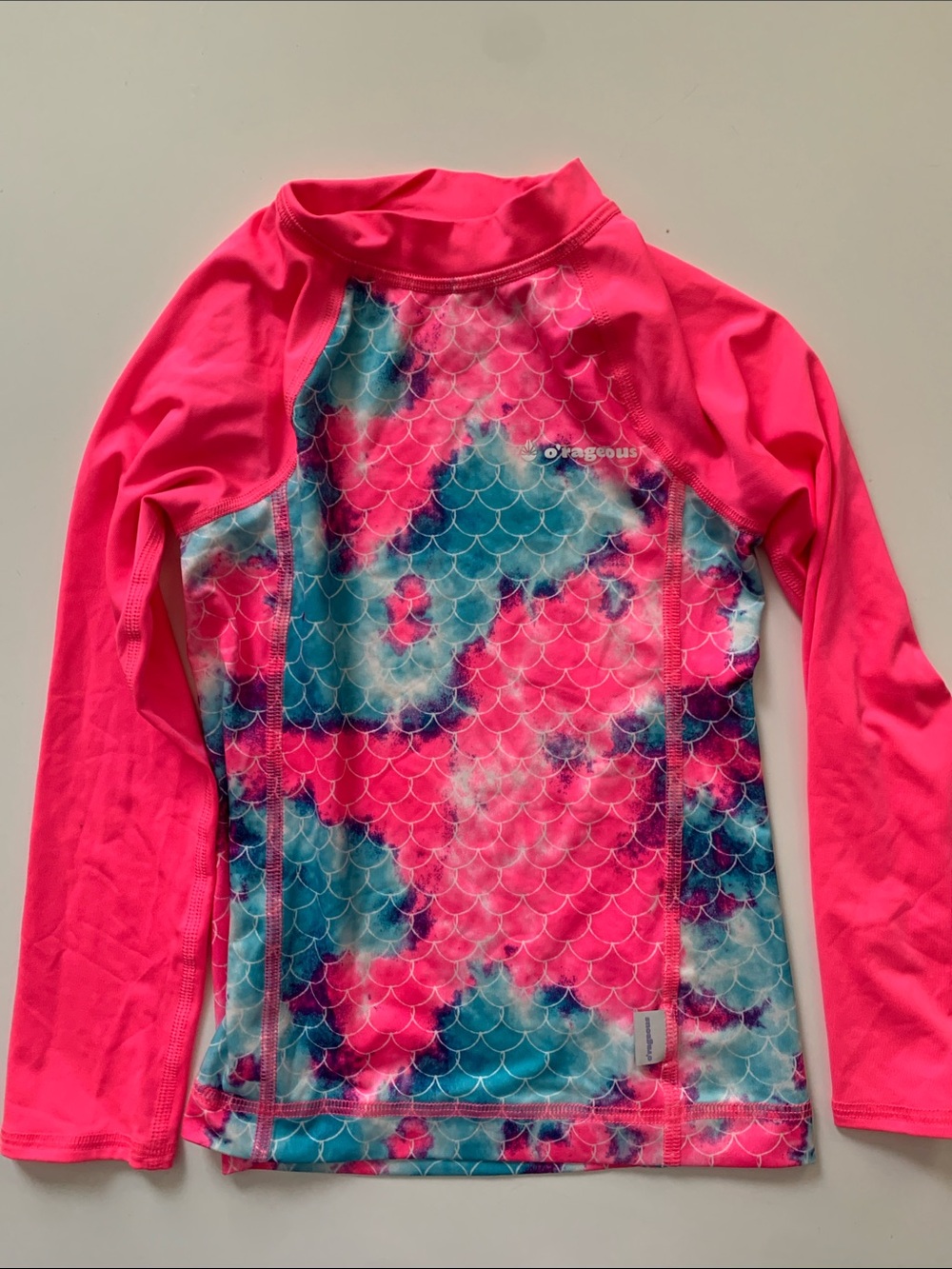 Kids XS Long-Sleeve Rash Guard Swim Top — Neon Pink & Blue Tie-Dye